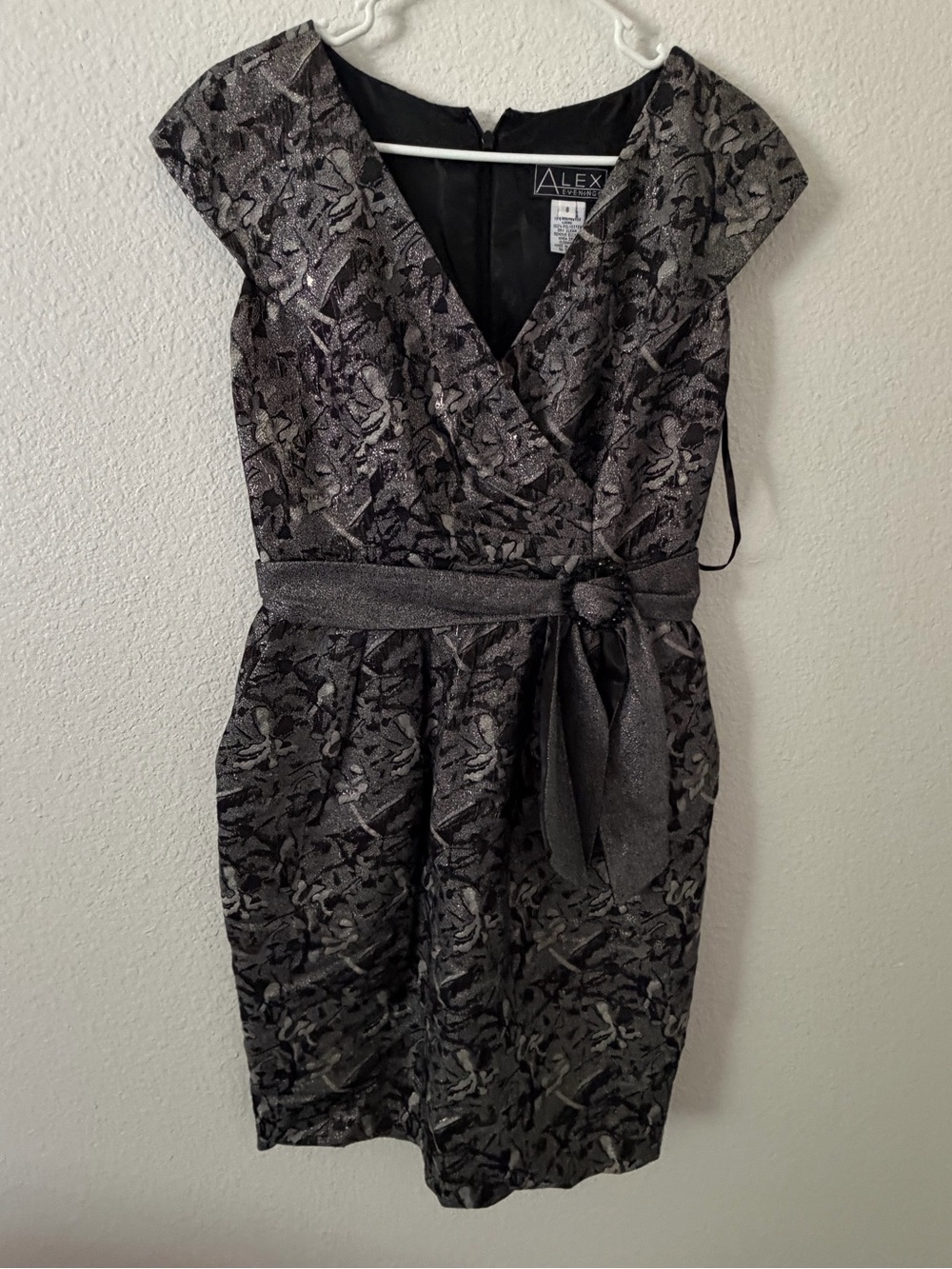 Alex Evenings Black and Silver Floral Wrap Midi Dress with Sash